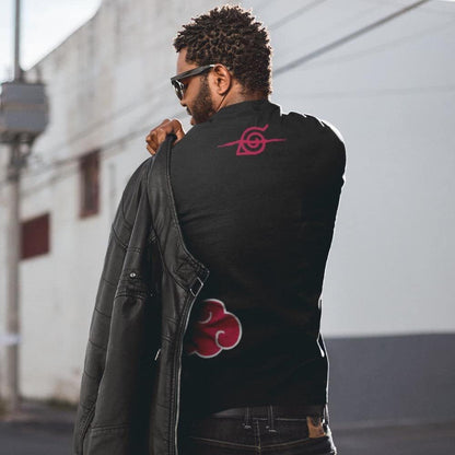 Naruto Shippuden Men'S Short Sleeve T-Shirt Akatsuki Clouds & Anti-Leaf Front & Back Logo Officially Licensed