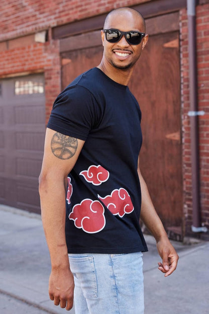 Naruto Shippuden Men'S Short Sleeve T-Shirt Akatsuki Clouds & Anti-Leaf Front & Back Logo Officially Licensed